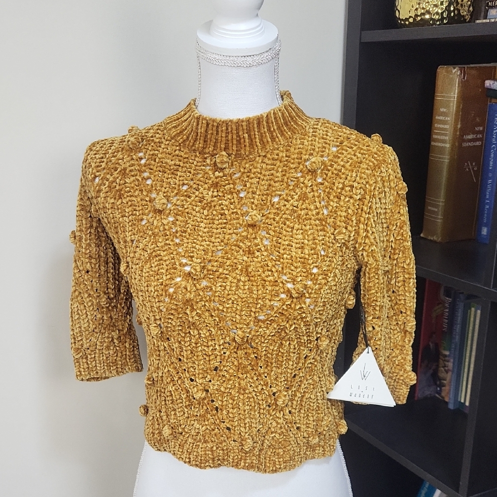 LOST + WANDER Golden Child  Chenille Pom-Pom Sweater Elbow Sleeve Crop Top